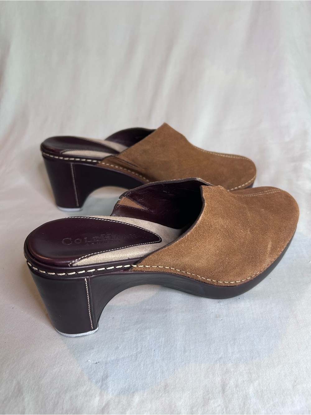 Cole Haan Tan Suede Platform Clog Heels